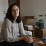 Mulher refletindo sobre o luto após o fim de um relacionamento em um apartamento novo.