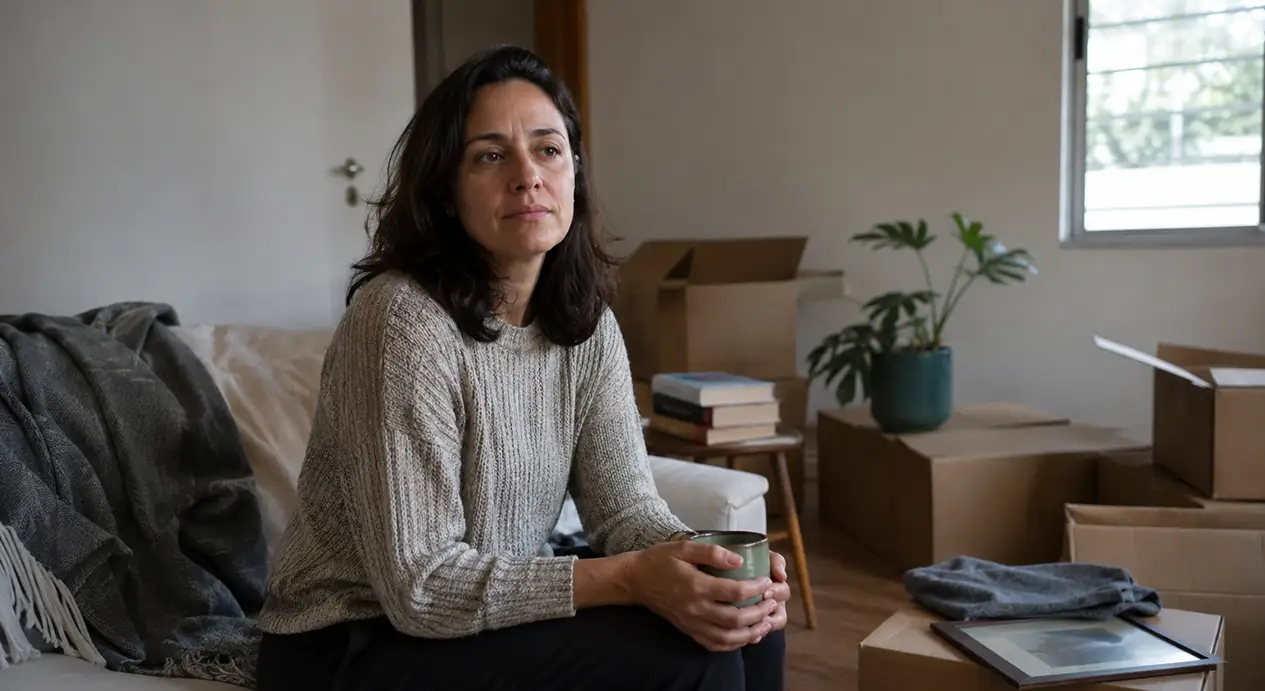 Mulher refletindo sobre o luto após o fim de um relacionamento em um apartamento novo.