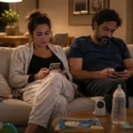Casal cansado usando o celular à noite após a rotina com os filhos.