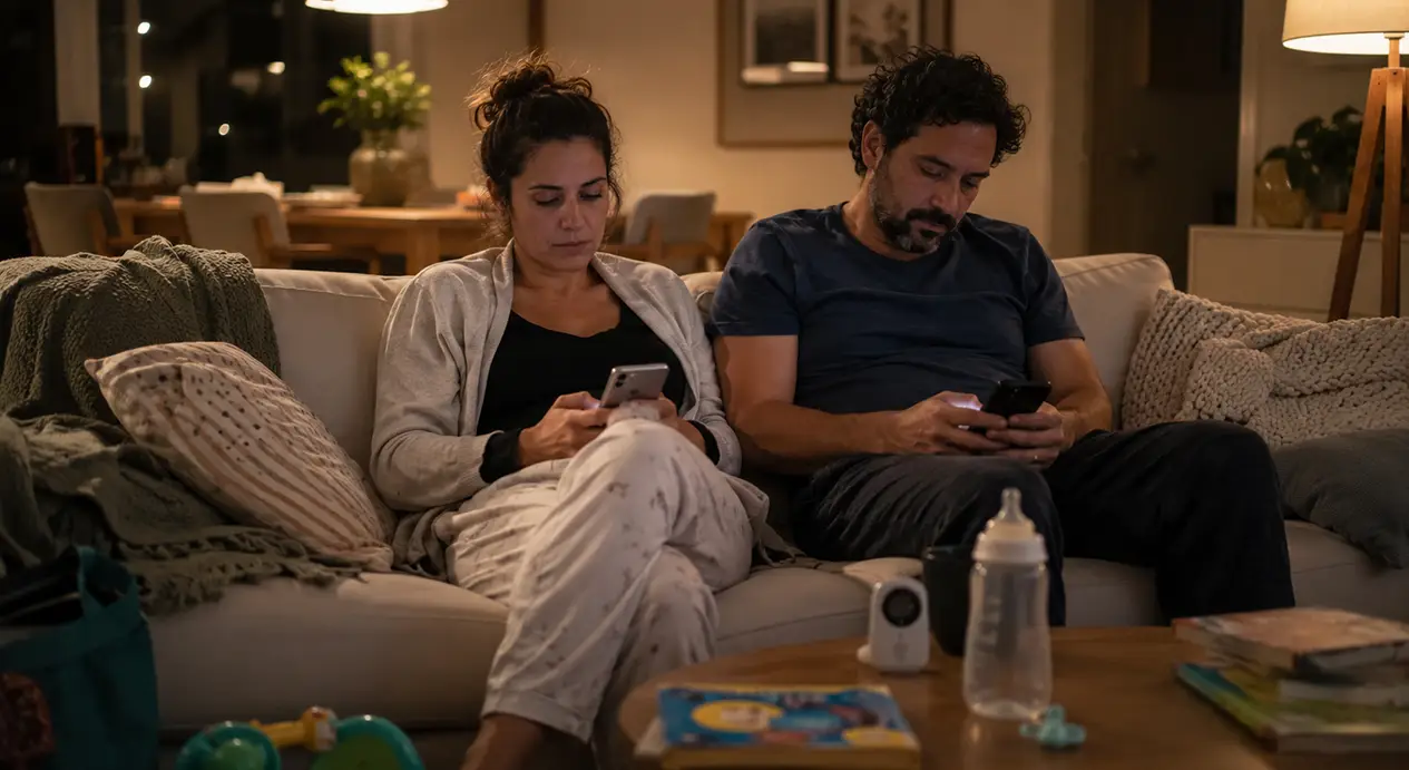 Casal cansado usando o celular à noite após a rotina com os filhos.